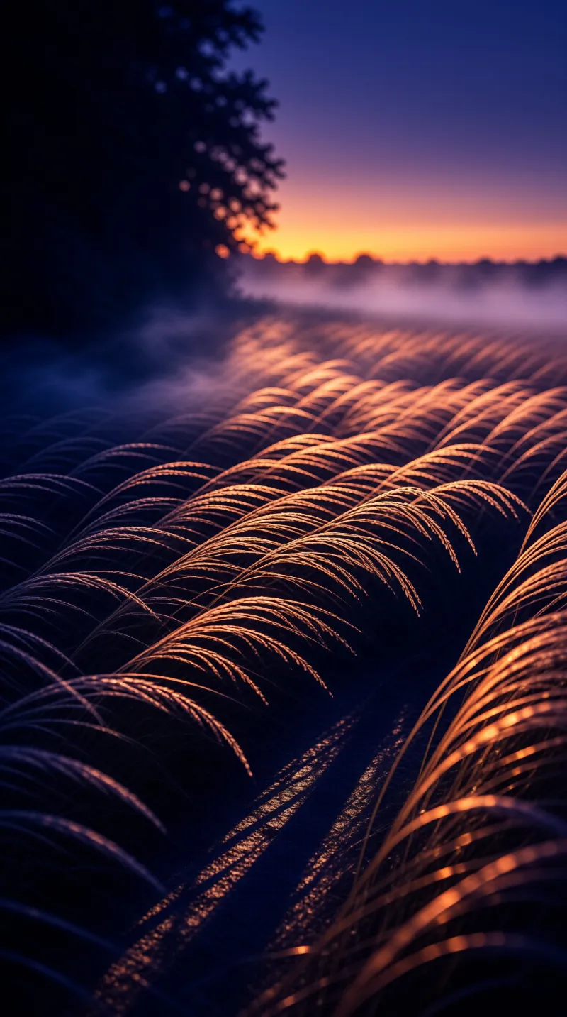 Golden stalks bend across a dark field while twilight casts orange glow over fog.