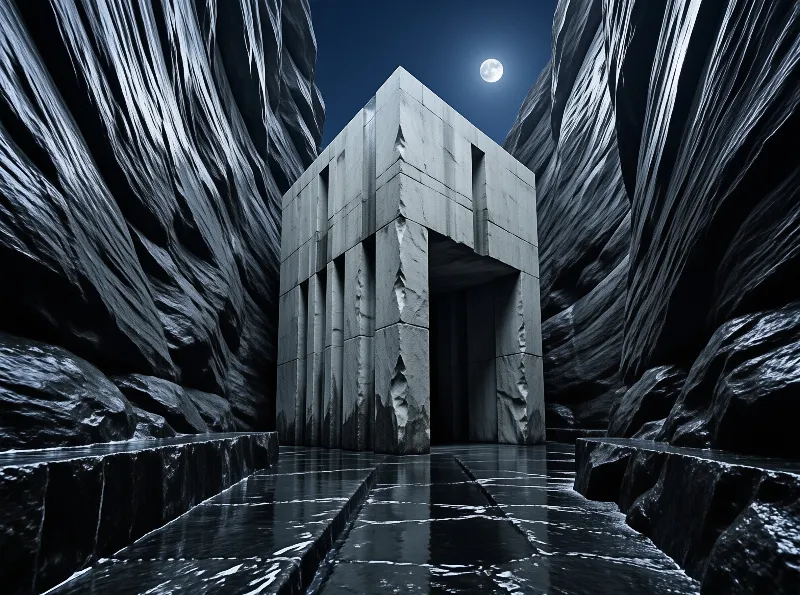 A large geometric concrete structure stands centrally between towering dark rock walls under a bright full moon while wet ground surfaces reflect the cool blue tones of the night sky above.