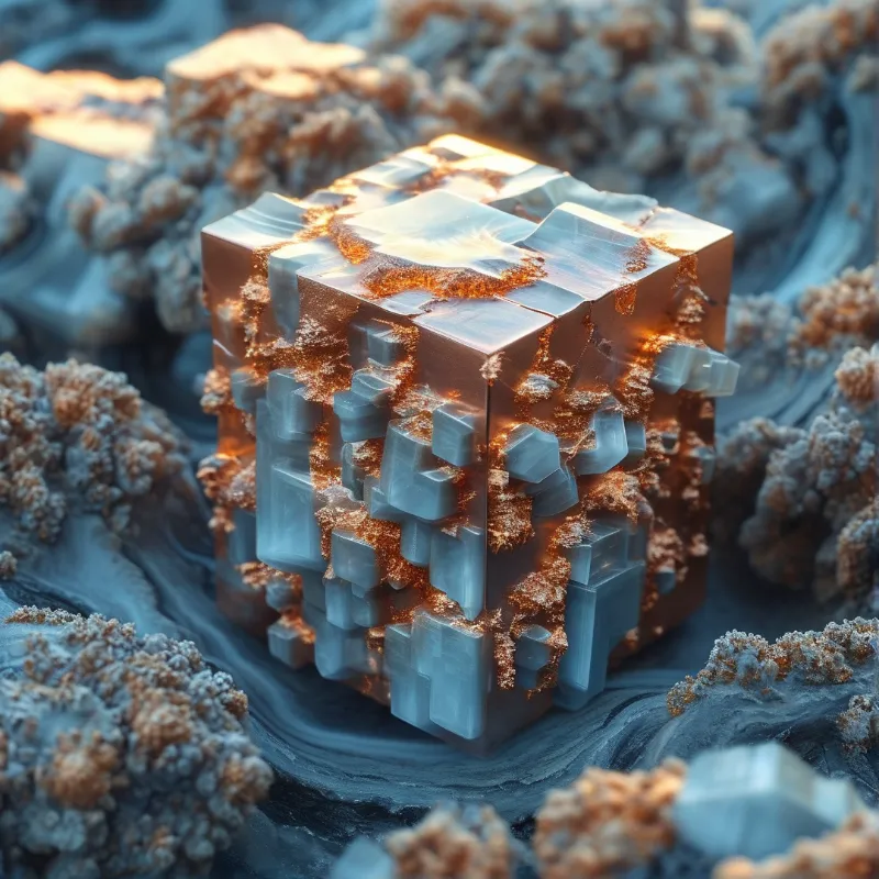 A large geometric mineral structure emits warm orange light while surrounded by cold blue rocky formations.