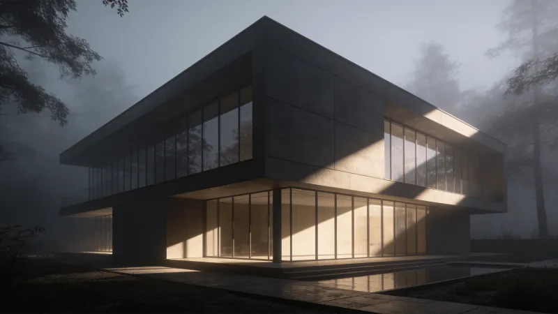Villa with Glass Curtain Wall — Foggy Morning