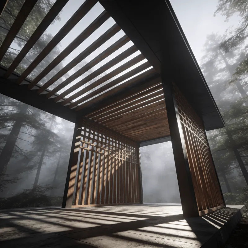 Pavilion with Wooden Lattice — Misty Forest