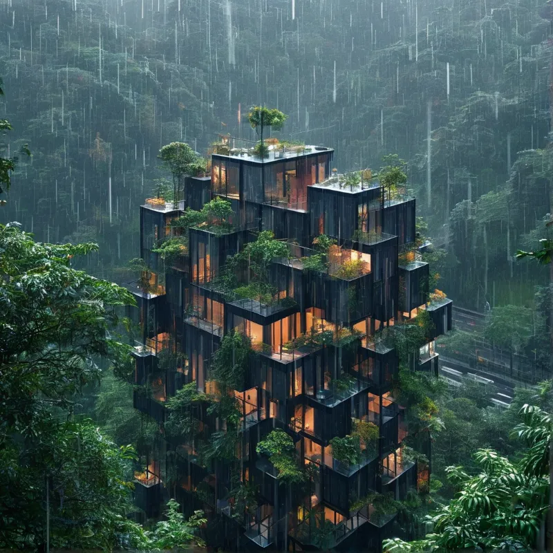 A futuristic black cube-shaped tower with glowing windows stands in a rainy forest, surrounded by green trees and illuminated by warm interior light.