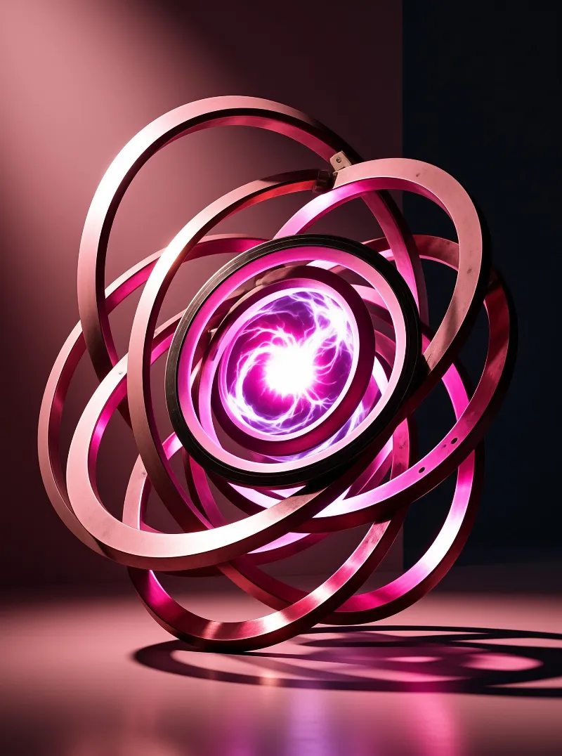 Interlocking metallic rings surround a luminous purple energy sphere in a softly lit studio environment with deep shadows