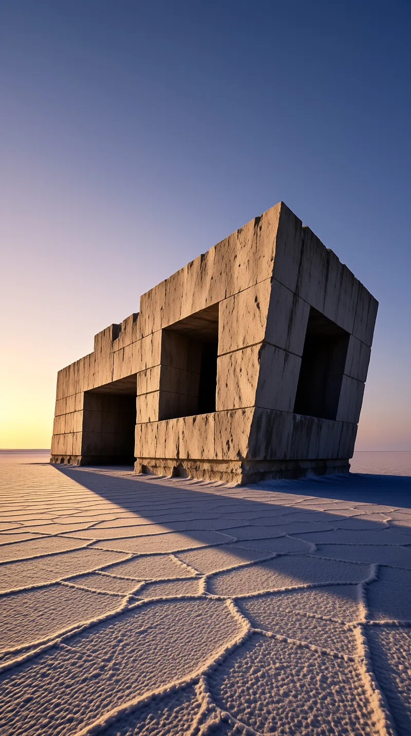 Rectangular cutouts pierce a lone stone block standing on cracked white salt under low golden light.