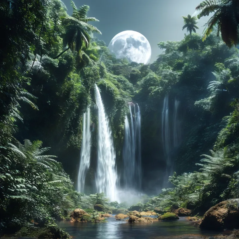 A giant full moon hangs above a lush jungle while waterfalls cascade down a green cliff into a misty pool below.