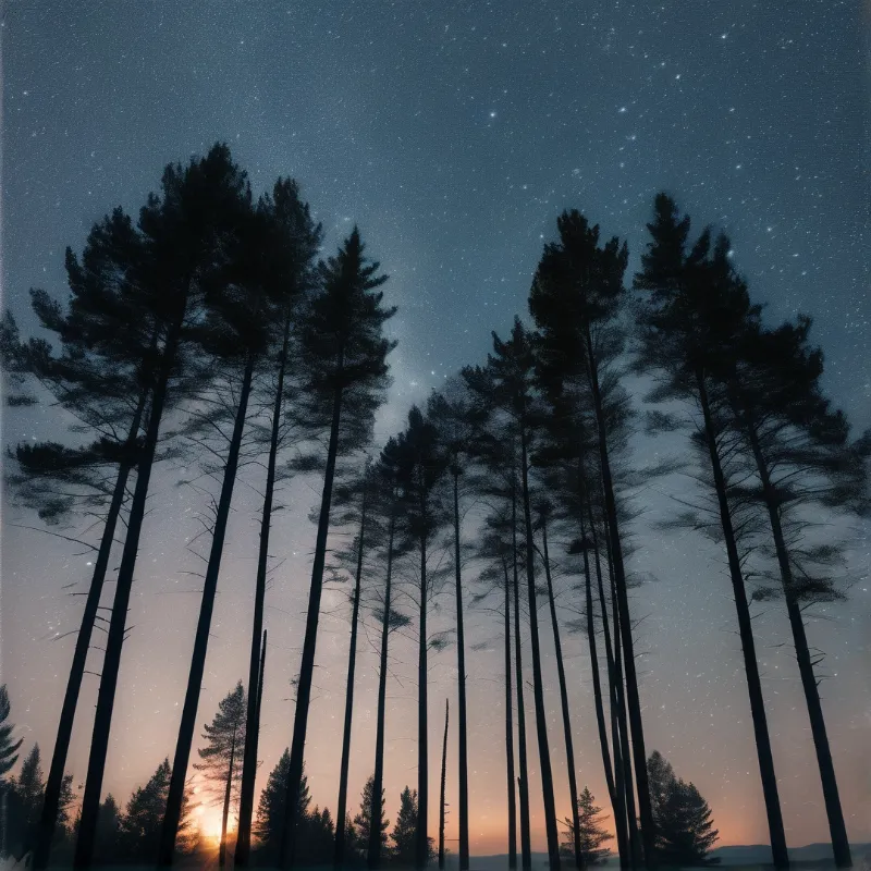 Silhouettes of tall pine trees stand against a star-speckled sky fading from orange near the horizon to dark blue above.