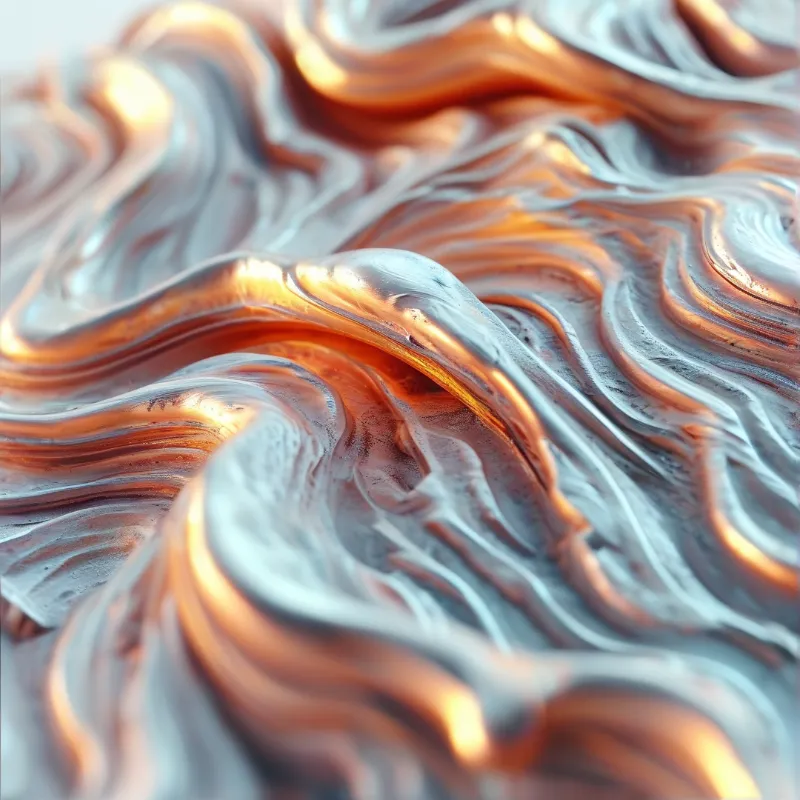 A close view of swirled polished copper and silver metallic liquid with raised rippled crests catching warm golden highlights against pale cool shaded recesses.