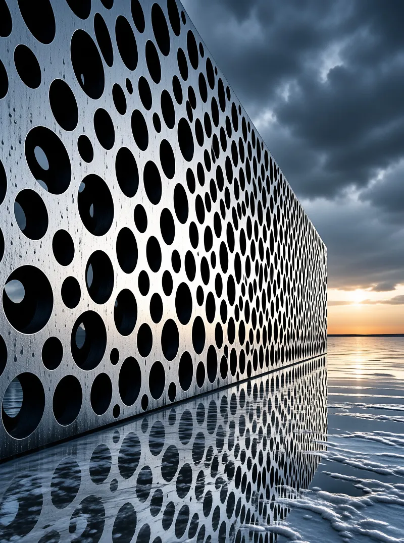 A tall wall punched with round holes stands mirrored in shallow water as the sun sets under heavy grey cloud.