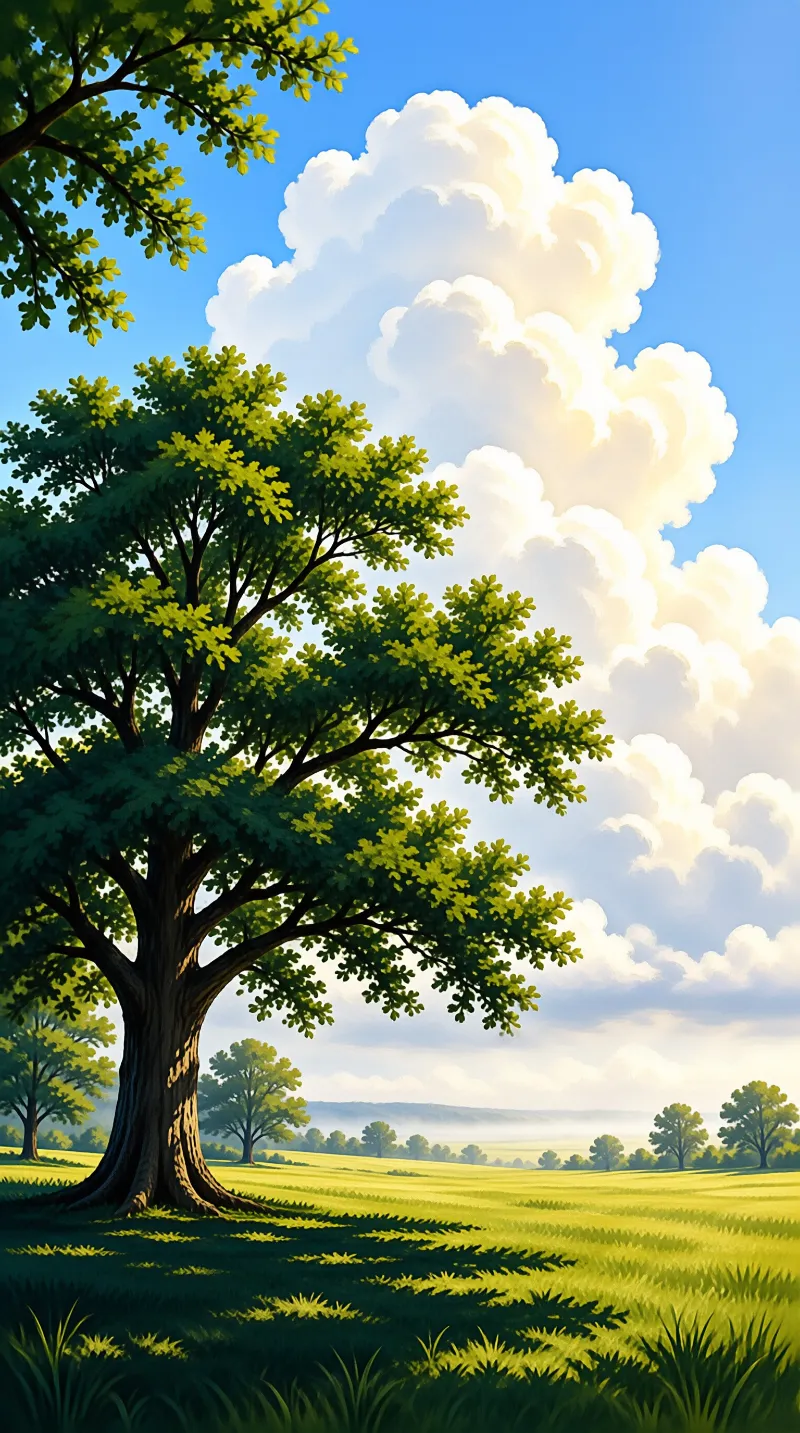 Large tree with green leaves stands on grassy hills under a bright blue sky with white clouds.