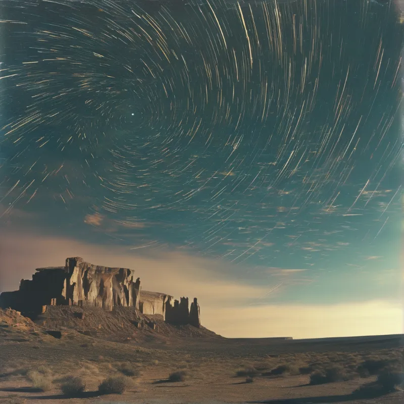 A solitary mesa rises from the sandy desert floor as streaks of light trace the stars circling the pole.