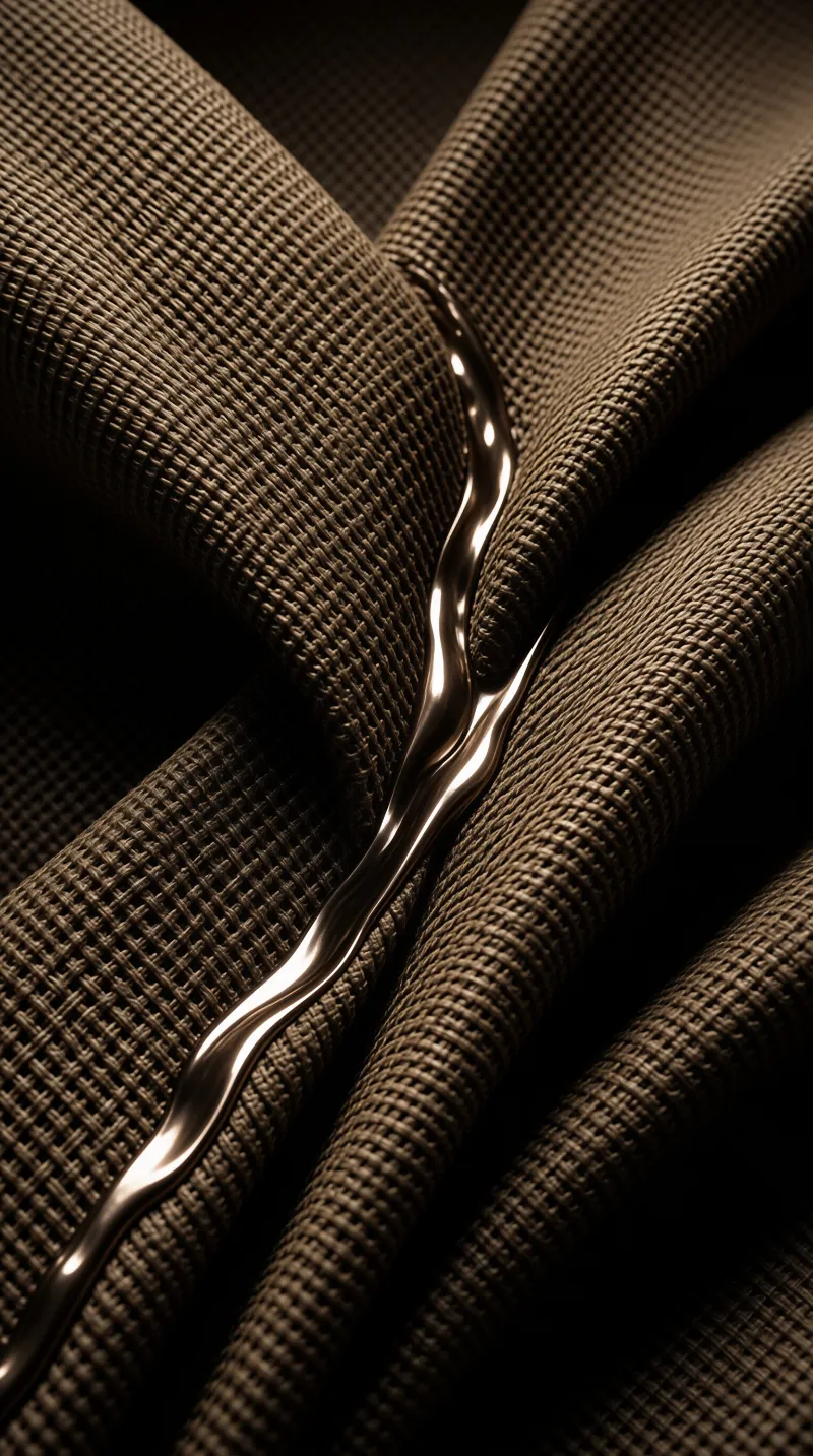 A shiny chrome-like substance moves across the surface of a coarse brown material with deep shadows.