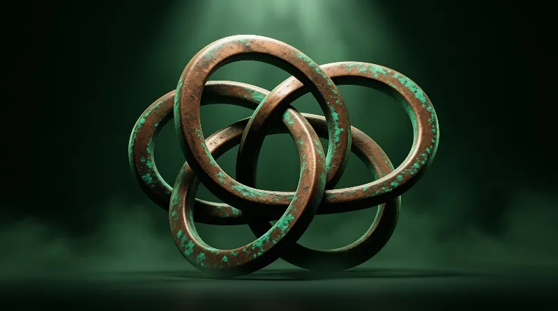 Interlocking metal rings with green patina sit under a spotlight in a dark green environment.
