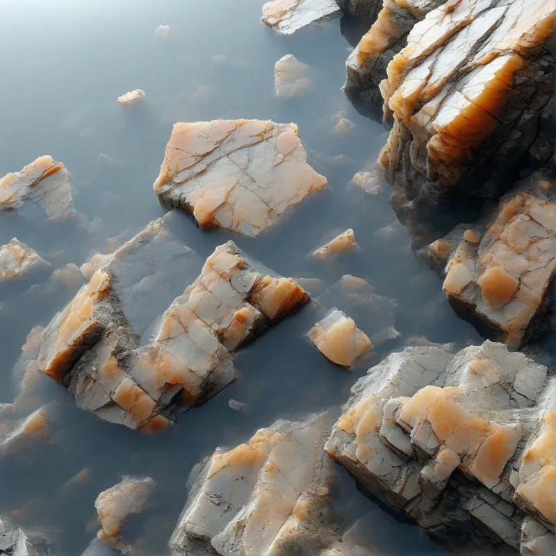 White and orange layered stones sit partially submerged in calm grey water beneath a thick fog.