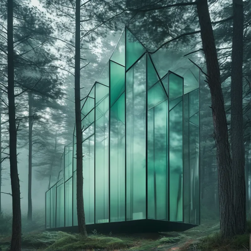 Angular emerald panels rise among fog soaked pine trunks, their edges catching pale woodland light