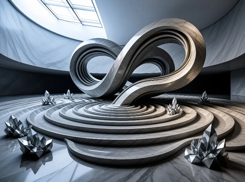 A polished marble figure-eight sculpture rises from concentric stepped rings dotted with faceted crystal clusters