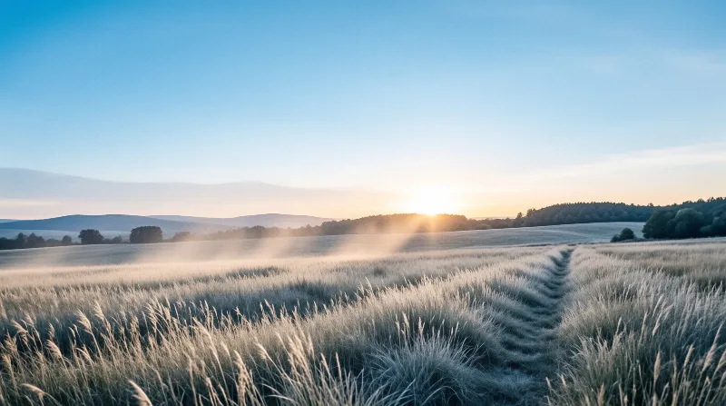 A vast grassy field stretches toward distant hills bathed in golden sunrise light with low mist drifting across the terrain