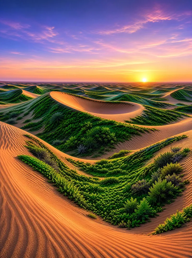 Green Desert Dunes at Sunset