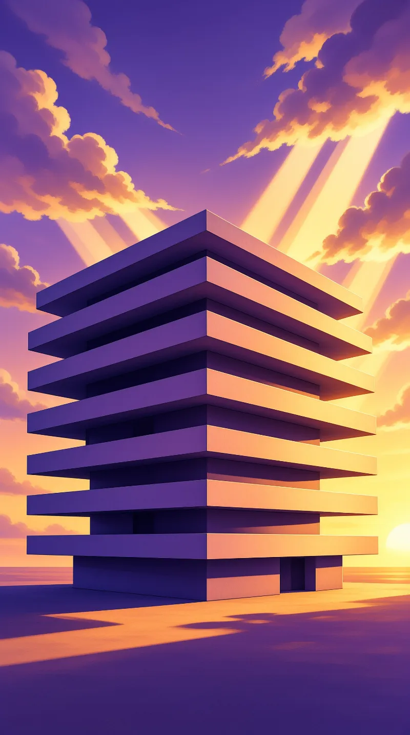 A minimalist rectangular building stands against a purple sky with bright orange sunbeams shining through clouds.