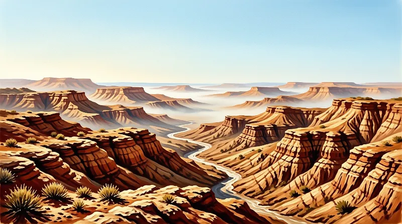 A winding river flows through sunlit arid canyon formations with low haze spreading to distant mesas beneath a clear pale dawn sky.