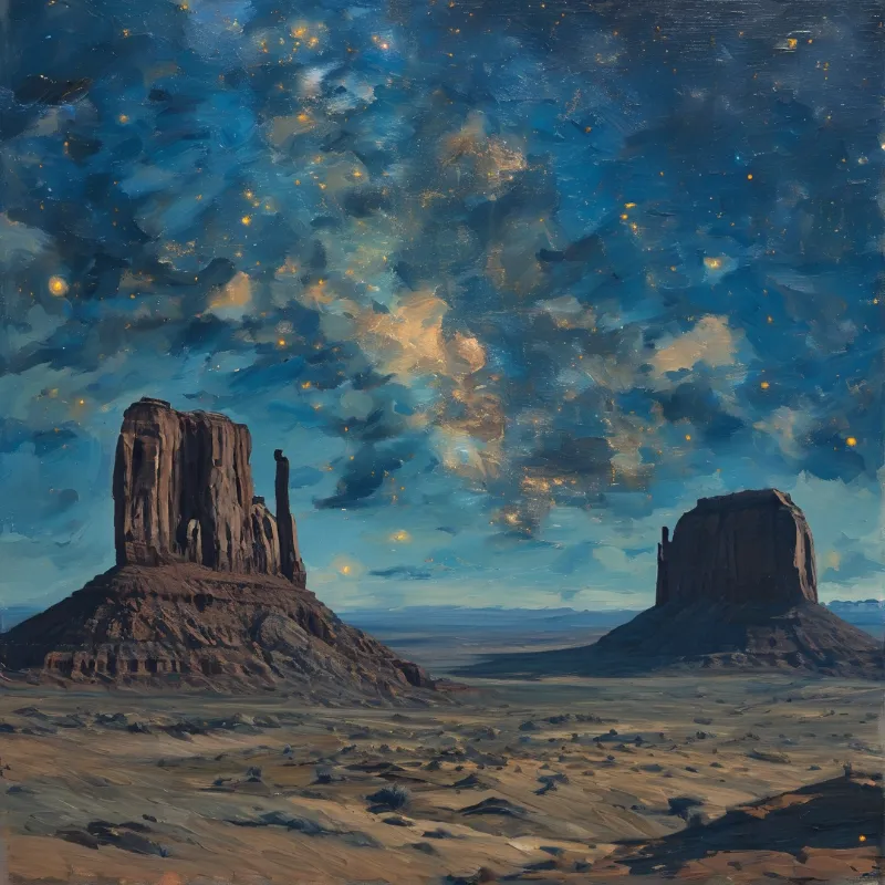 Painterly depiction of desert buttes under starry night sky with cloud formations and arid terrain