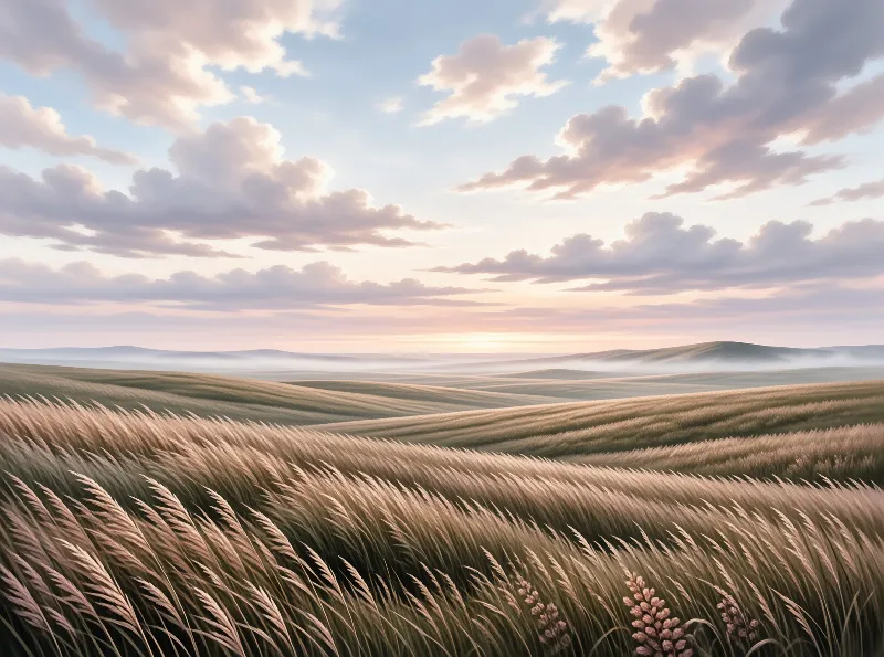 Feathery grasses sweep across rolling hills where low mist gathers under a soft cloudy sky at dusk.