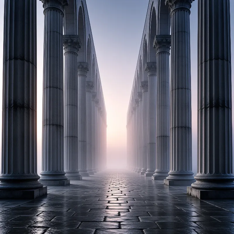 A symmetrical avenue of ancient stone columns stretches into a foggy distance beneath a bright glowing sky.