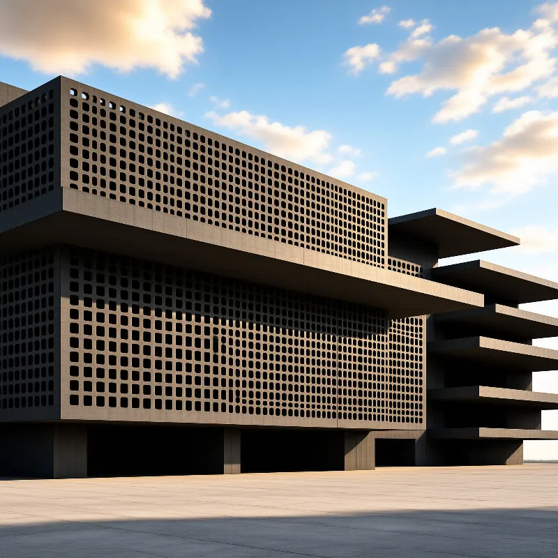 A geometric concrete structure featuring a repetitive pattern of square openings stands against a partly cloudy sky.