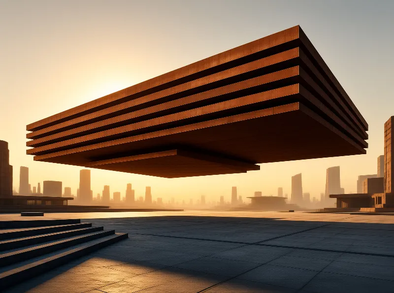 Layered bronze structure floats above a paved plaza with a distant city skyline bathed in warm sunset light.