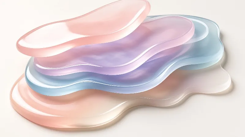 Several glossy translucent layers ripple over one another in blush, lavender and sky blue, resting on a pale cream ground.