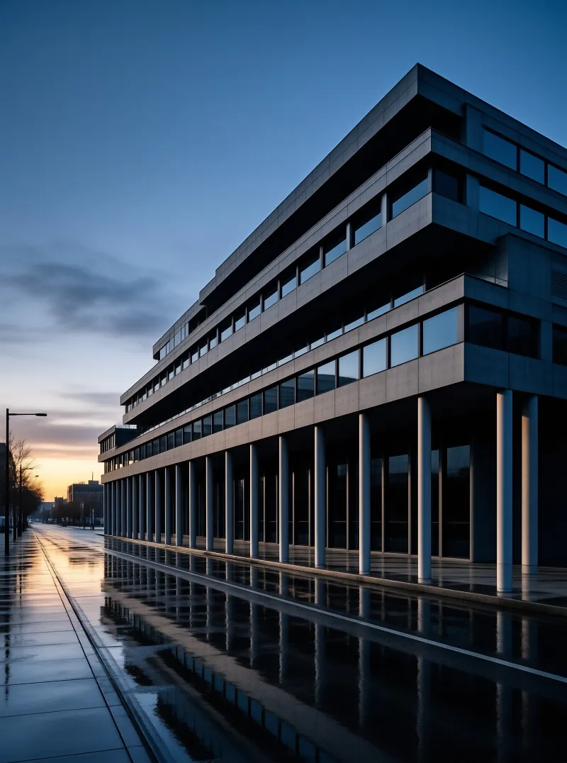 Sleek office building with a column row stands next to rain-soaked pavement, its facade reflected in the wet ground at dusk.