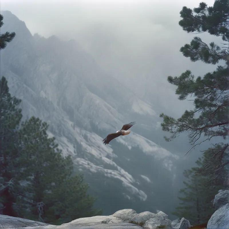 A bald eagle glides through foggy skies over rugged snow-dusted mountain slopes framed by pine trees