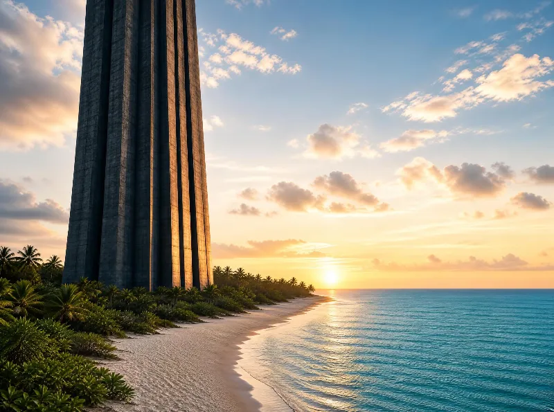 A tall concrete tower stands by a tropical beach during sunset, with the sun dipping below the horizon and warm light reflecting off the ocean and sand.