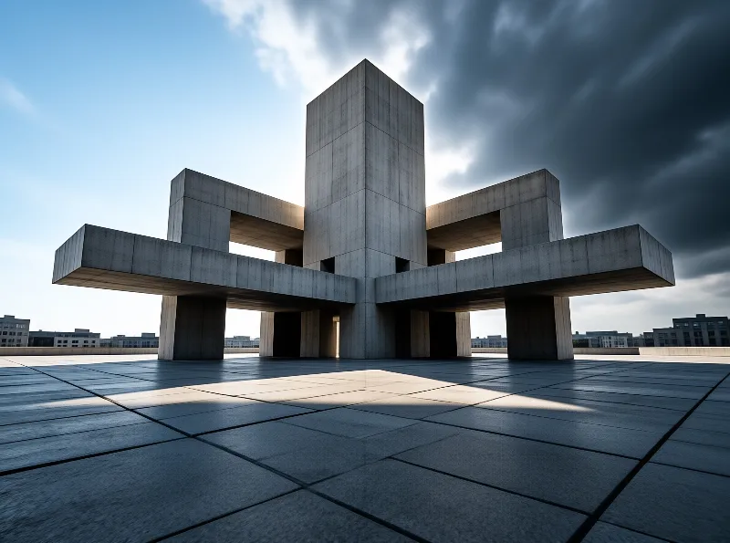 A large geometric concrete building stands on a paved surface with sharp shadows cast by sunlight against dark clouds.