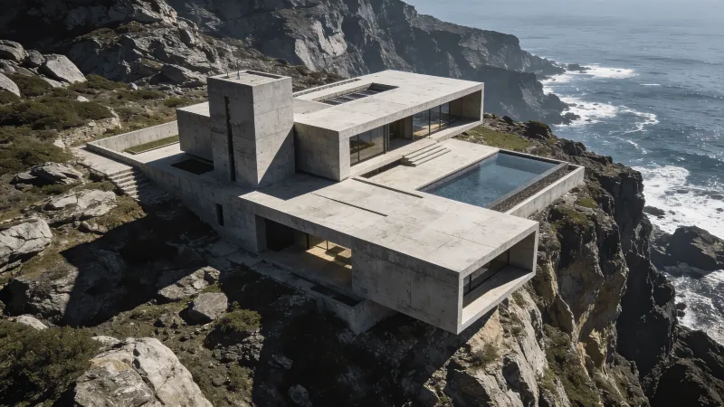 Villa with Brutalist Massing — Coastal Cliff