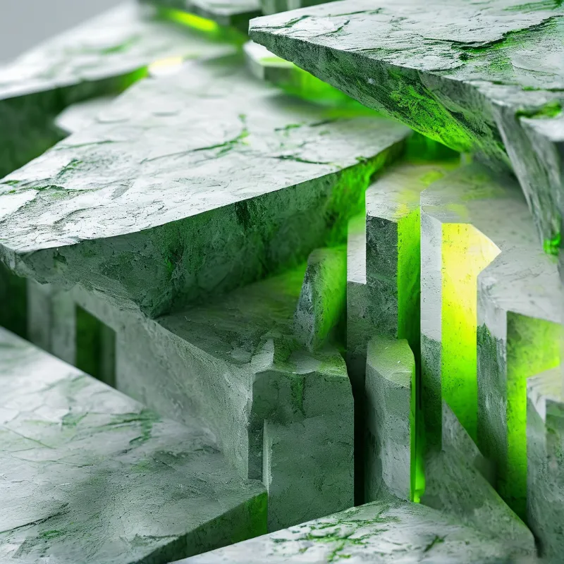 Detailed view of jagged grey stone blocks with bright green light shining through the cracks between them.
