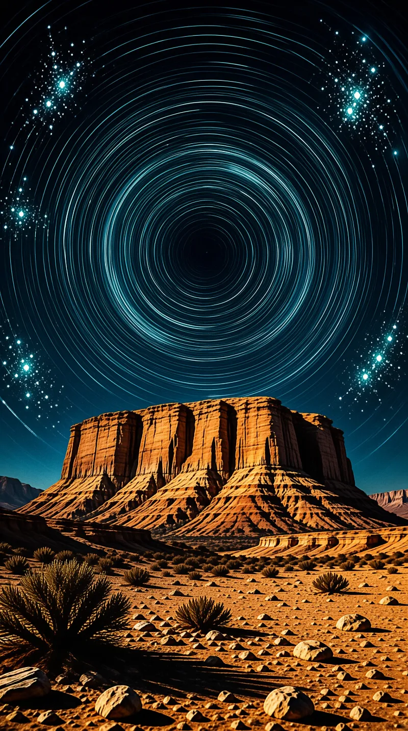 A tall rock formation dominates a desert foreground beneath a sky of bright blue concentric star trails.