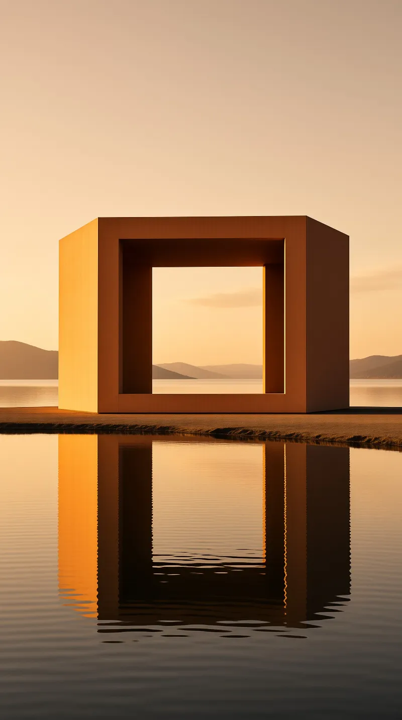 A hollow ochre monolith stands on a sandbar, mirroring in calm water as the sun sets over mountains.