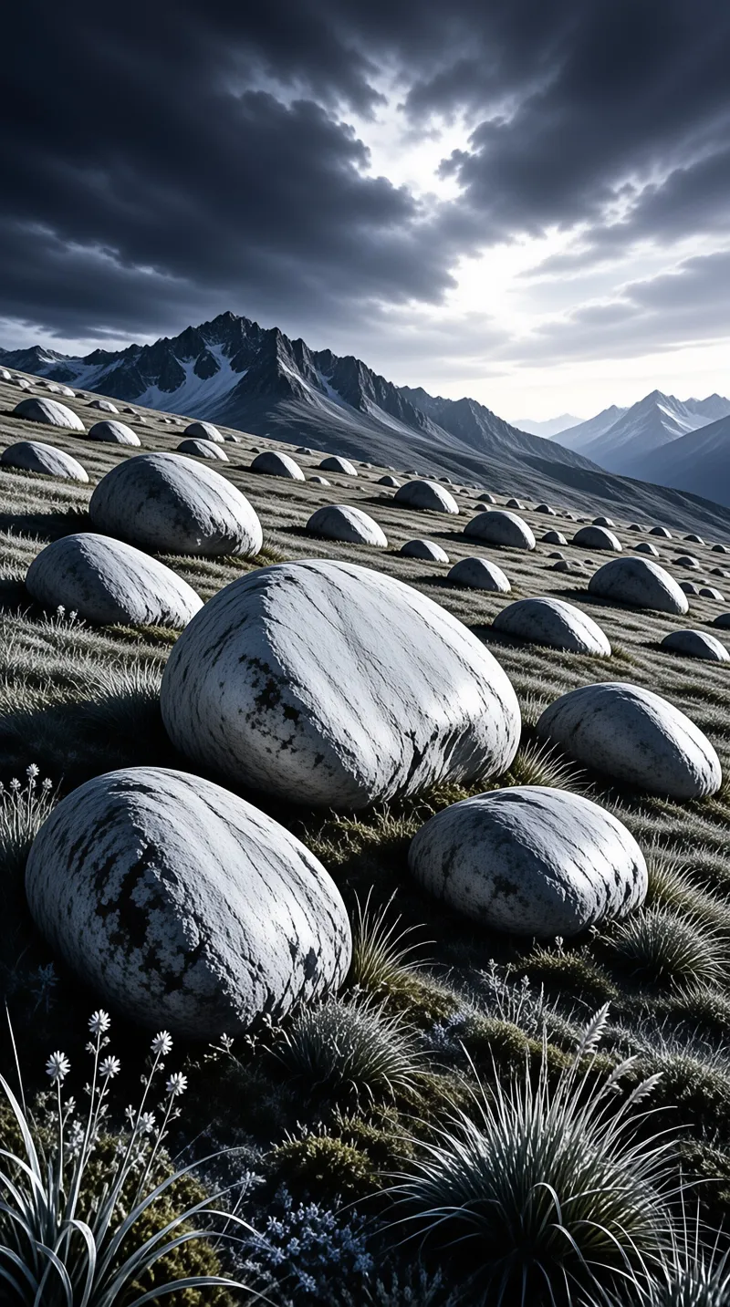 Multiple large rounded stones resembling eggs are scattered across a grassy hillside with mountains behind them.