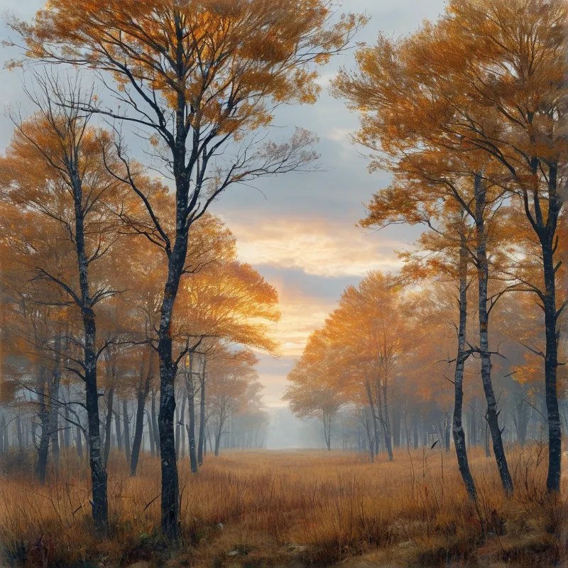 Golden autumn trees line a grassy clearing that fades into warm morning mist