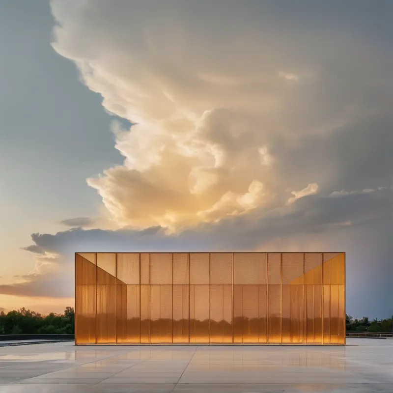 A low wide copper perforated architectural structure sits on a smooth wet plaza beneath dramatic orange sunset clouds.