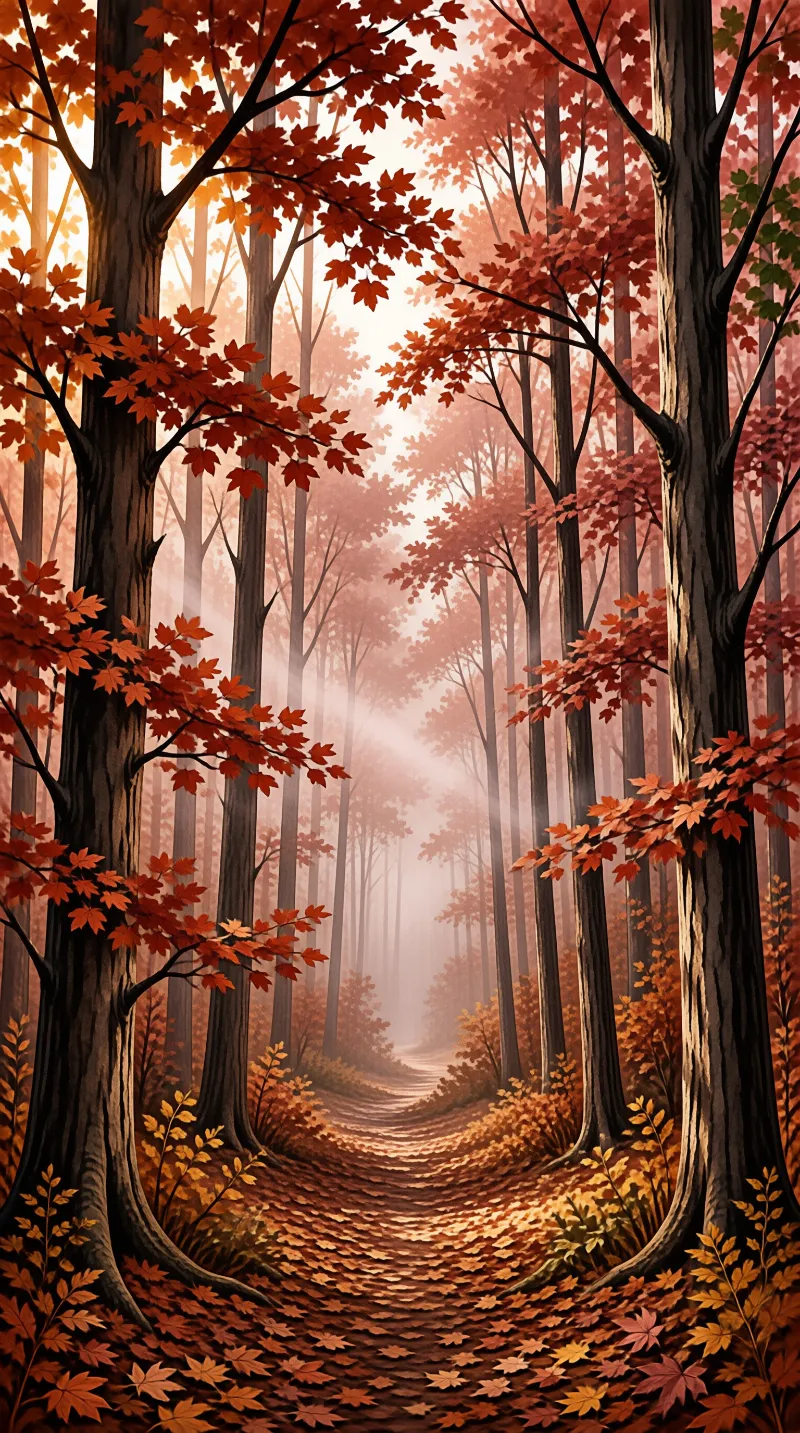 A winding forest trail covered in fallen autumn leaves leads through tall trees bathed in soft misty light.