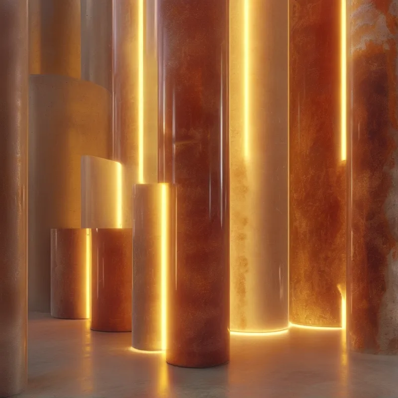 Rust textured cylindrical columns of varied sizes are set against a dark surface, lined with warm glowing yellow strip lights.
