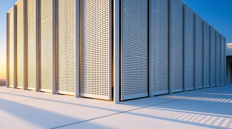 A long row of white perforated metal screens stands in a row with vertical dividers and is illuminated by warm golden sunlight from the left side casting long shadows on the smooth pavement.
