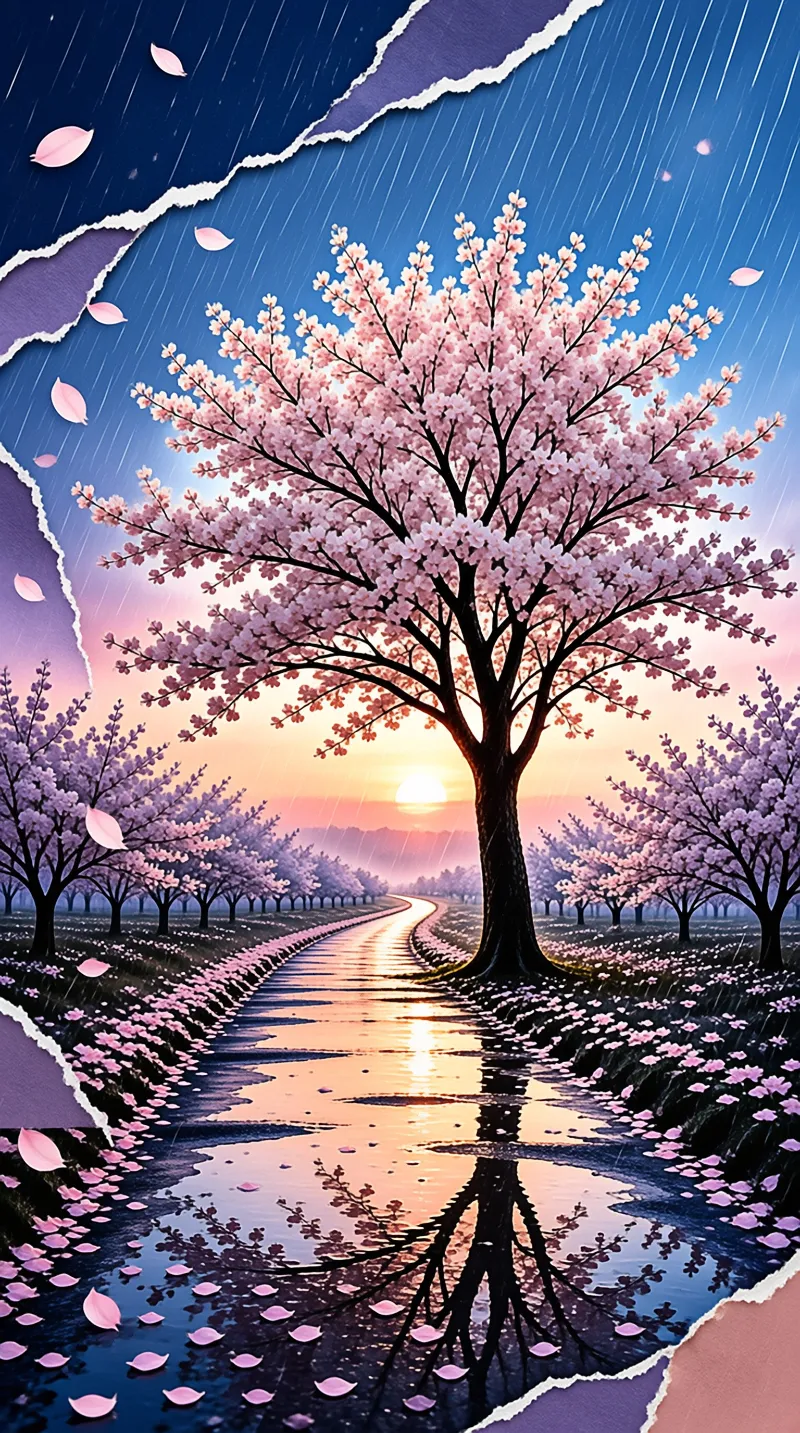 A large pink tree stands over a puddle-filled road at dusk while rain falls and petals float.