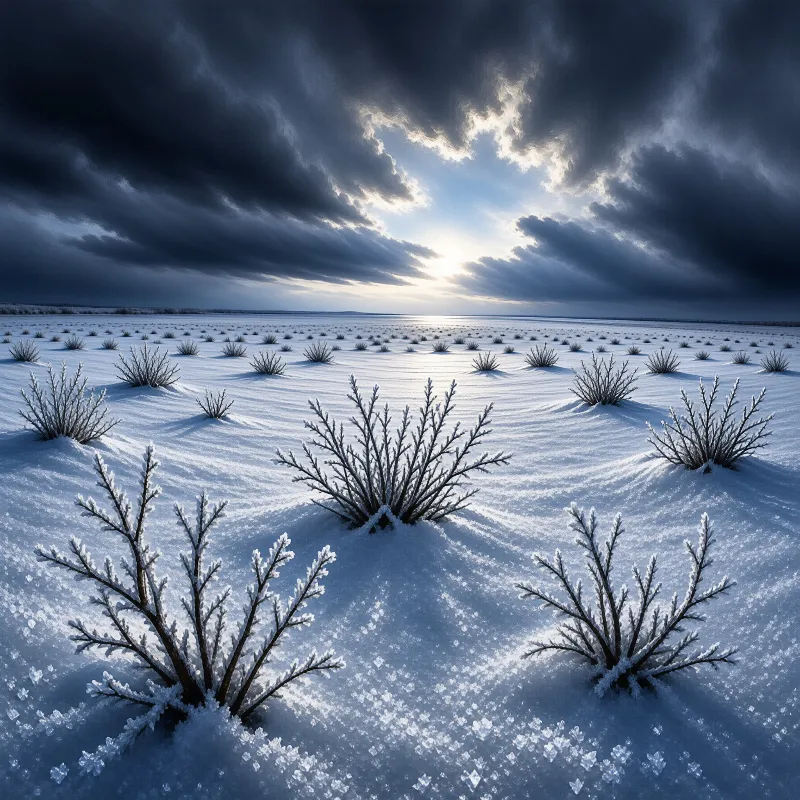 Rows of frosted shrubs dot a windswept snowy plain beneath a heavy sky where sunlight pierces through dark clouds.
