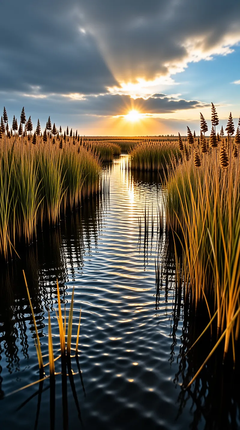 A winding waterway cuts through tall golden reeds while the sun shines brightly through clouds above.