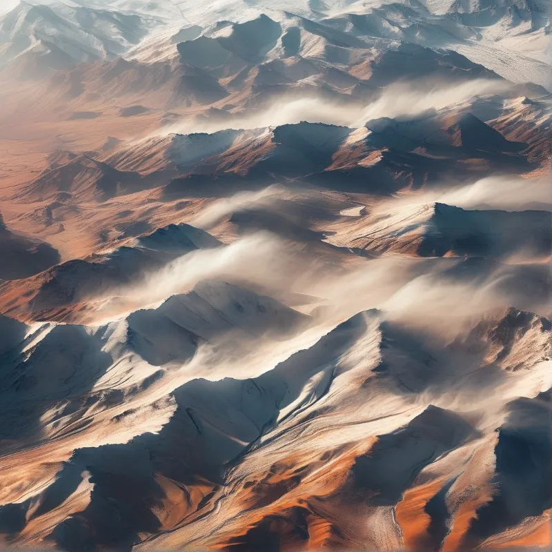 Aerial view of reddish hills where white sediment flows down the slopes in the warm light