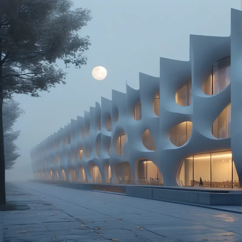 Curved white concrete fins frame warm glowing windows along a misted evening plaza beneath a full moon.