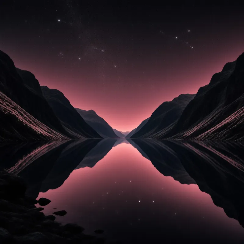 Two steep dark hills enclose a calm lake mirroring the glowing horizon and scattered stars.