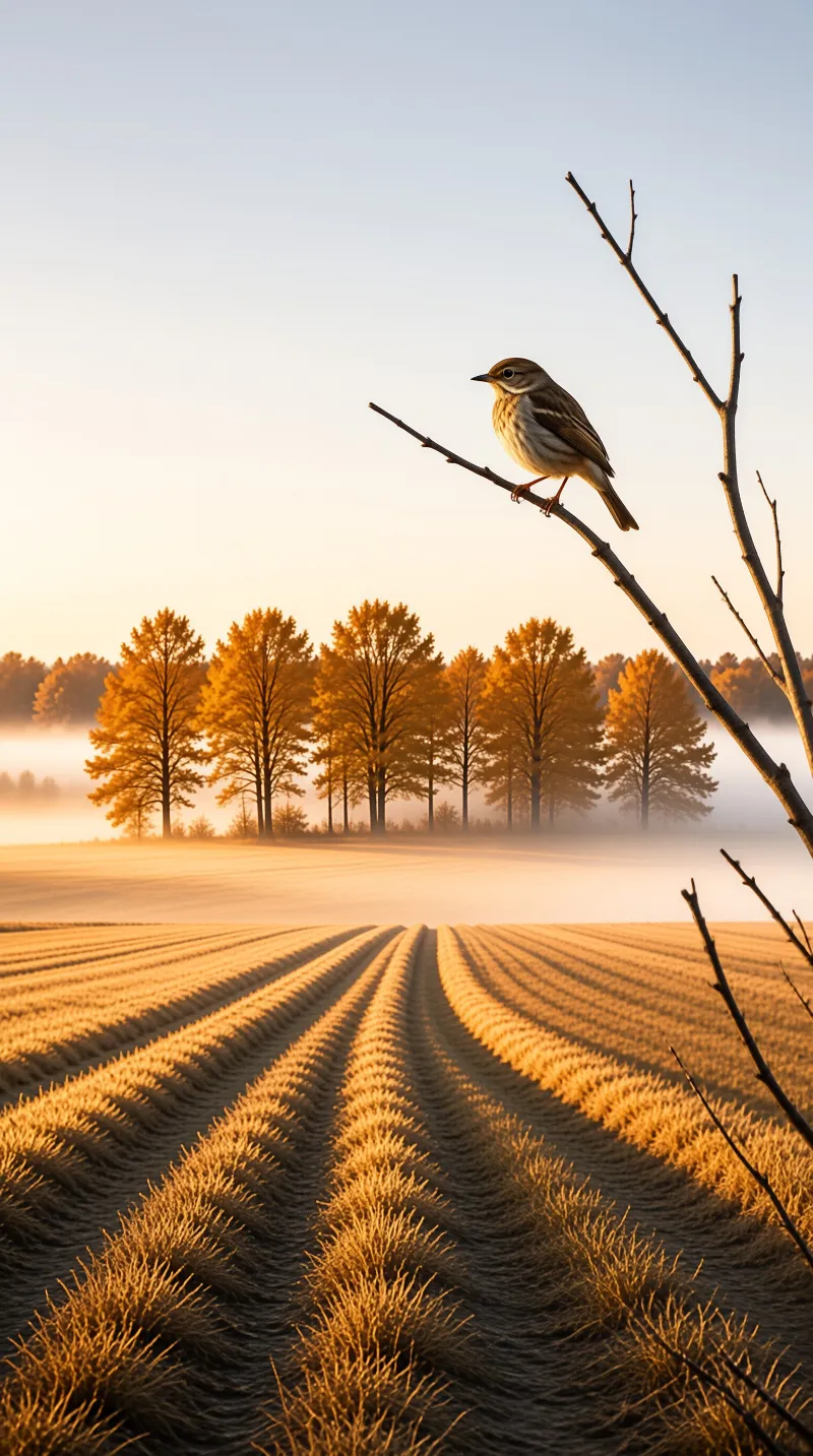 A small brown bird sits on a thin branch overlooking rows of cut crops and a foggy line of orange trees at sunrise.